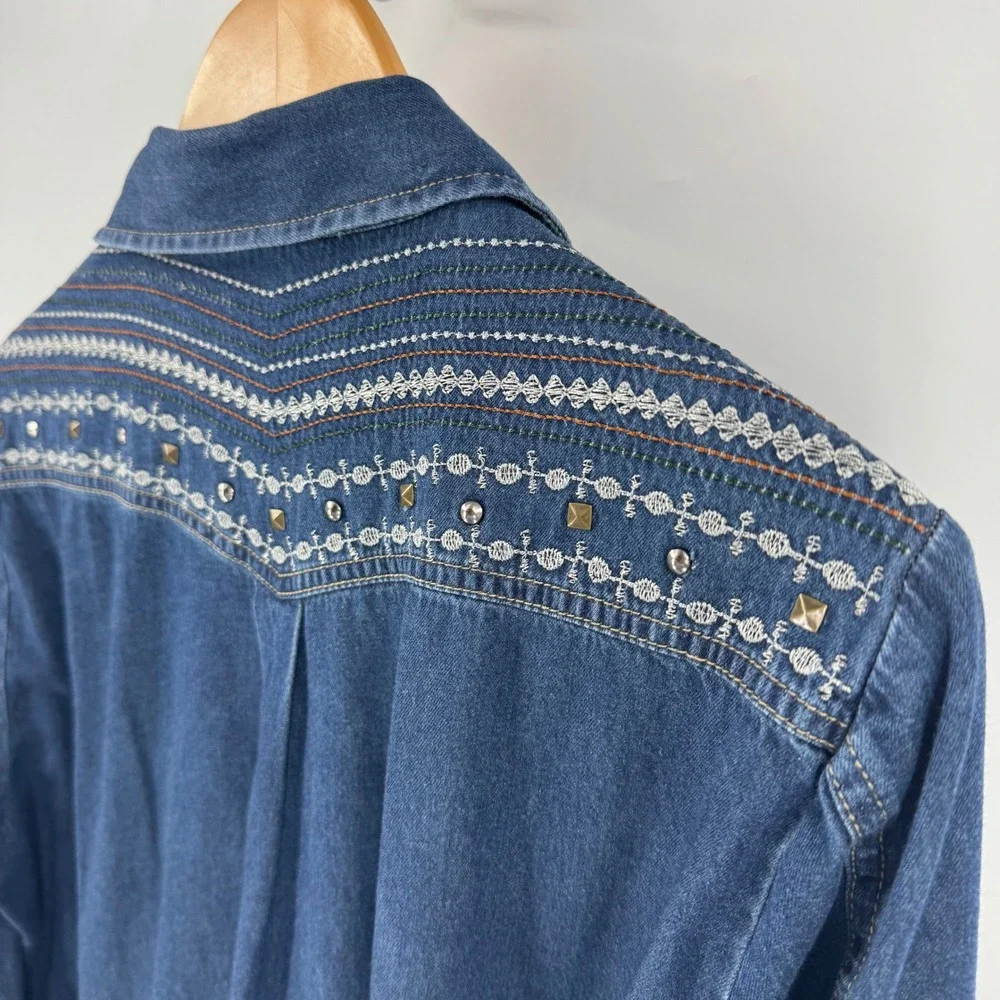 Desigual Denim Shirt Dress Embroidered Studded Belted Midi Western Size 44 Artsy - Picture 8 of 10